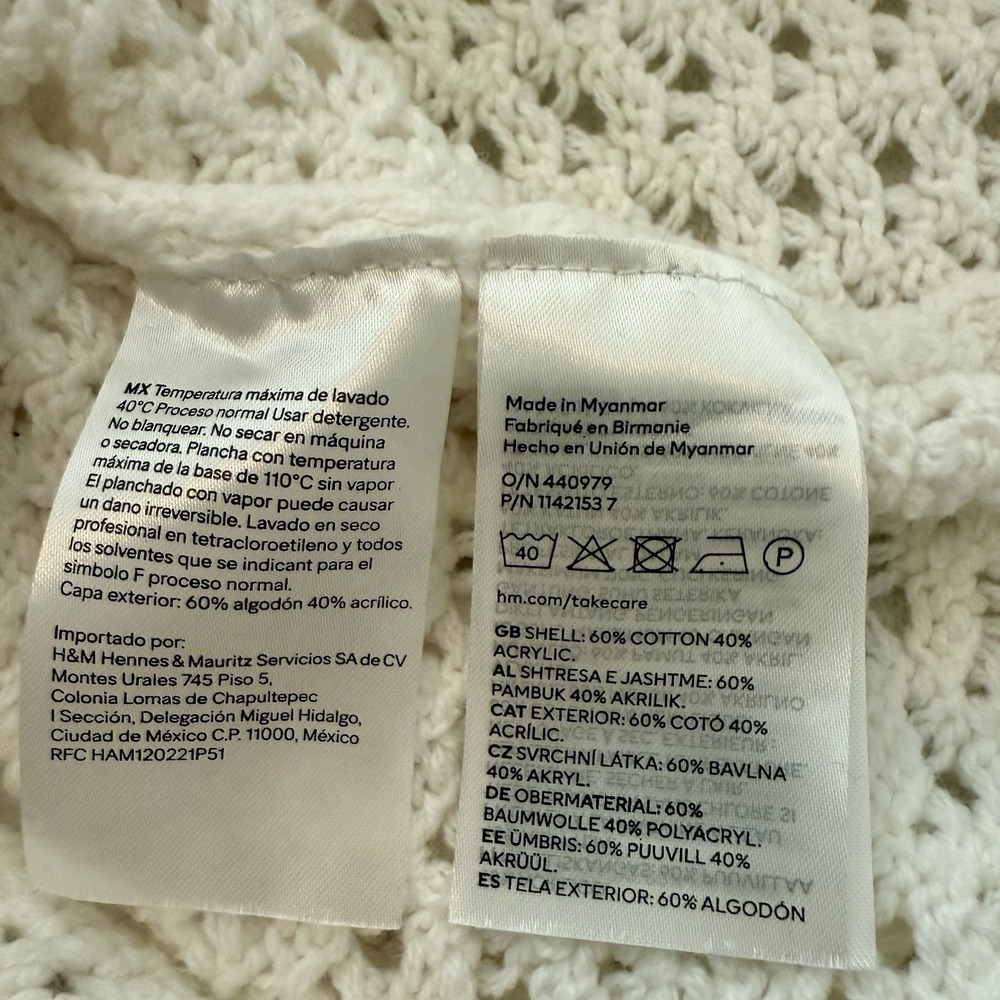 H&M Pointelle Knit Crochet Top Flutter Sleeves Women's White Medium Cottage Core - Picture 4 of 4